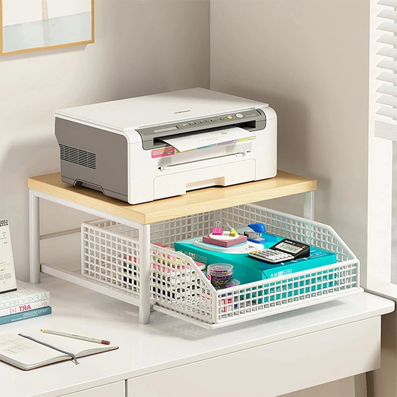 2-Tier Metal Storage Rack with Pull-Out Basket | Printer Stand for Office, Kitchen & Bedroom