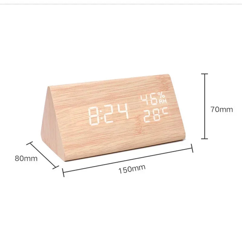 LED Alarm Clock with Temperature Display & Sound Control | Wood-Style Desk Clock