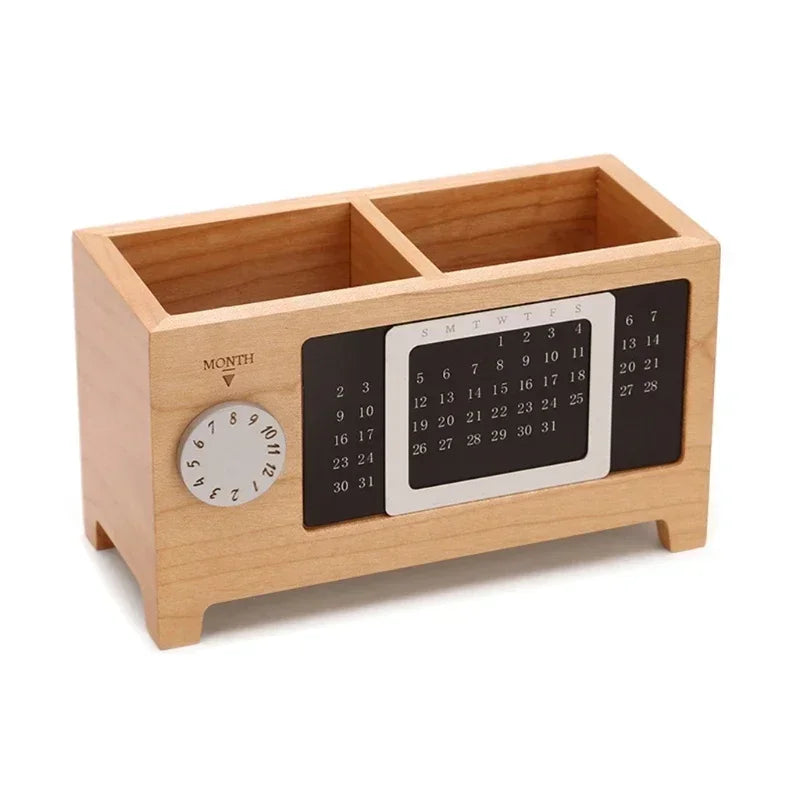 Wooden Desk Organizer | Pen, Pencil & Remote Control Holder with Perpetual Calendar