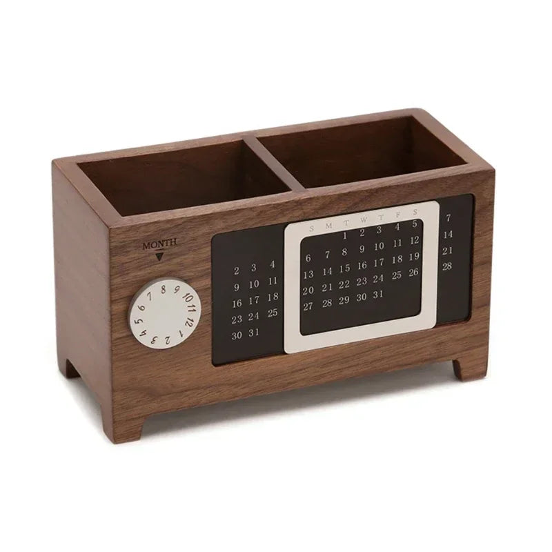 Wooden Desk Organizer | Pen, Pencil & Remote Control Holder with Perpetual Calendar