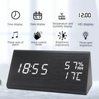 LED Alarm Clock with Temperature Display & Sound Control | Wood-Style Desk Clock