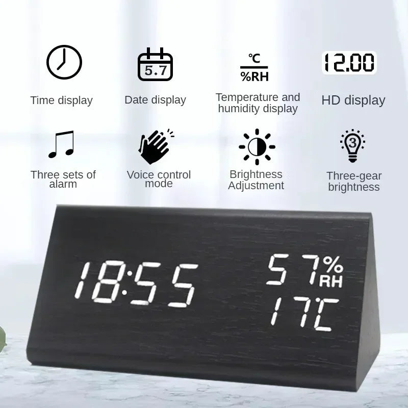 LED Alarm Clock with Temperature Display & Sound Control | Wood-Style Desk Clock