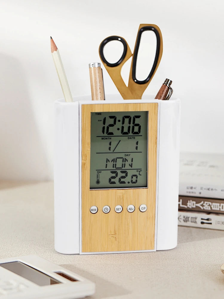 4-in-1 Bamboo Pen Holder | Perpetual Calendar, Clock, Countdown & Temperature Display