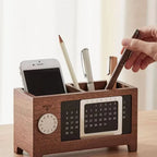 Wooden Desk Organizer | Pen, Pencil & Remote Control Holder with Perpetual Calendar