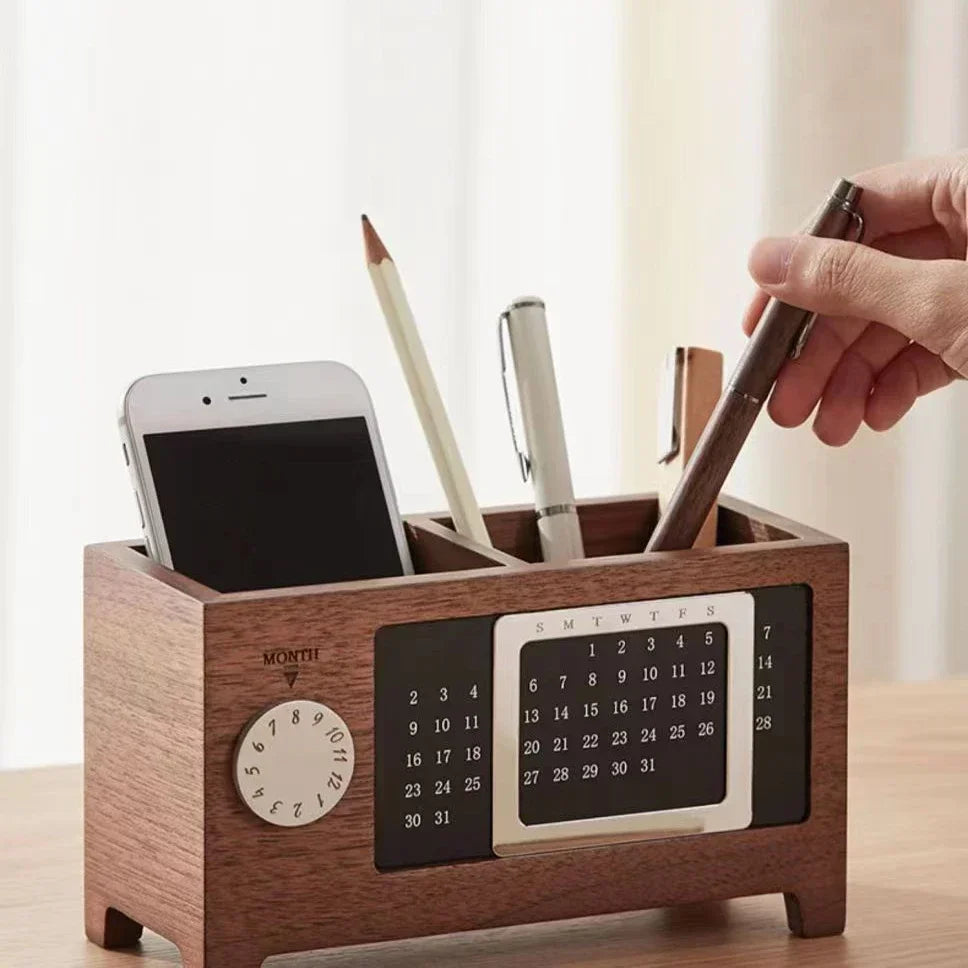 Wooden Desk Organizer | Pen, Pencil & Remote Control Holder with Perpetual Calendar