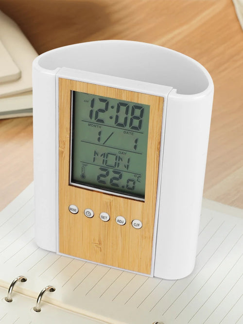 4-in-1 Bamboo Pen Holder | Perpetual Calendar, Clock, Countdown & Temperature Display