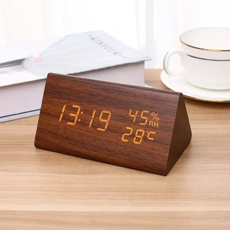 LED Alarm Clock with Temperature Display & Sound Control | Wood-Style Desk Clock