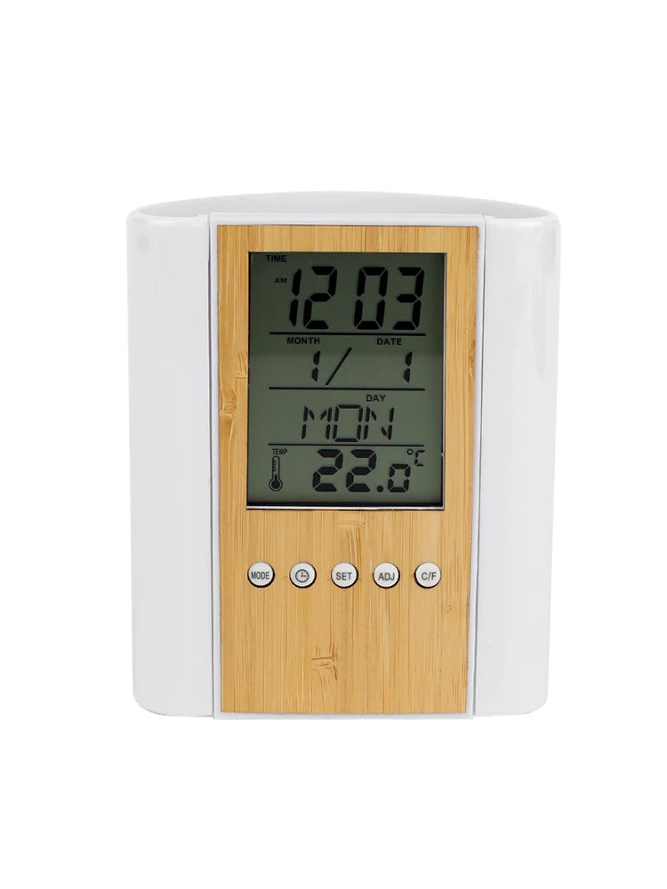 4-in-1 Bamboo Pen Holder | Perpetual Calendar, Clock, Countdown & Temperature Display
