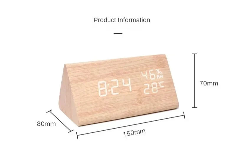 LED Alarm Clock with Temperature Display & Sound Control | Wood-Style Desk Clock