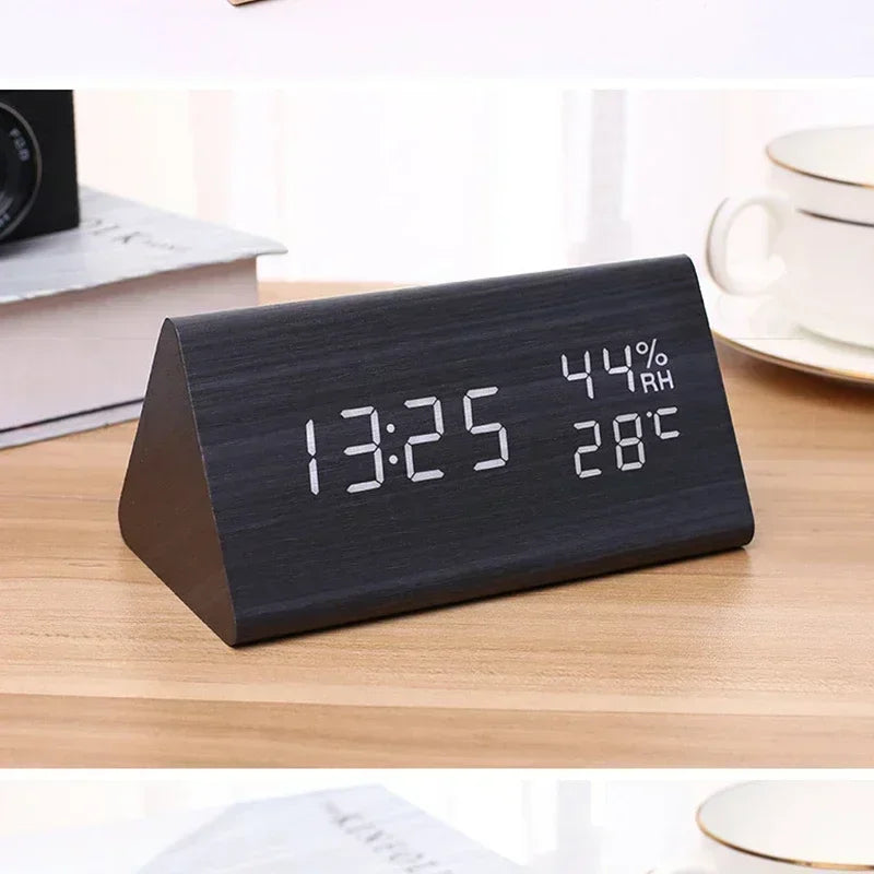 LED Alarm Clock with Temperature Display & Sound Control | Wood-Style Desk Clock