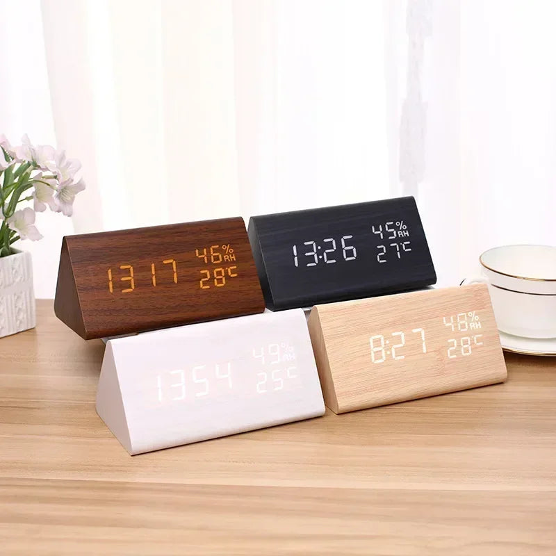 LED Alarm Clock with Temperature Display & Sound Control | Wood-Style Desk Clock
